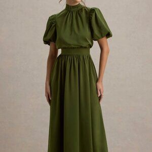 NWT Club L London Olive Satin Puff-Sleeve Midi Dress With Bow - US 10